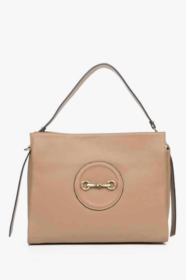 Large women's handbag made from natural beige leather with accents, brand Estro.