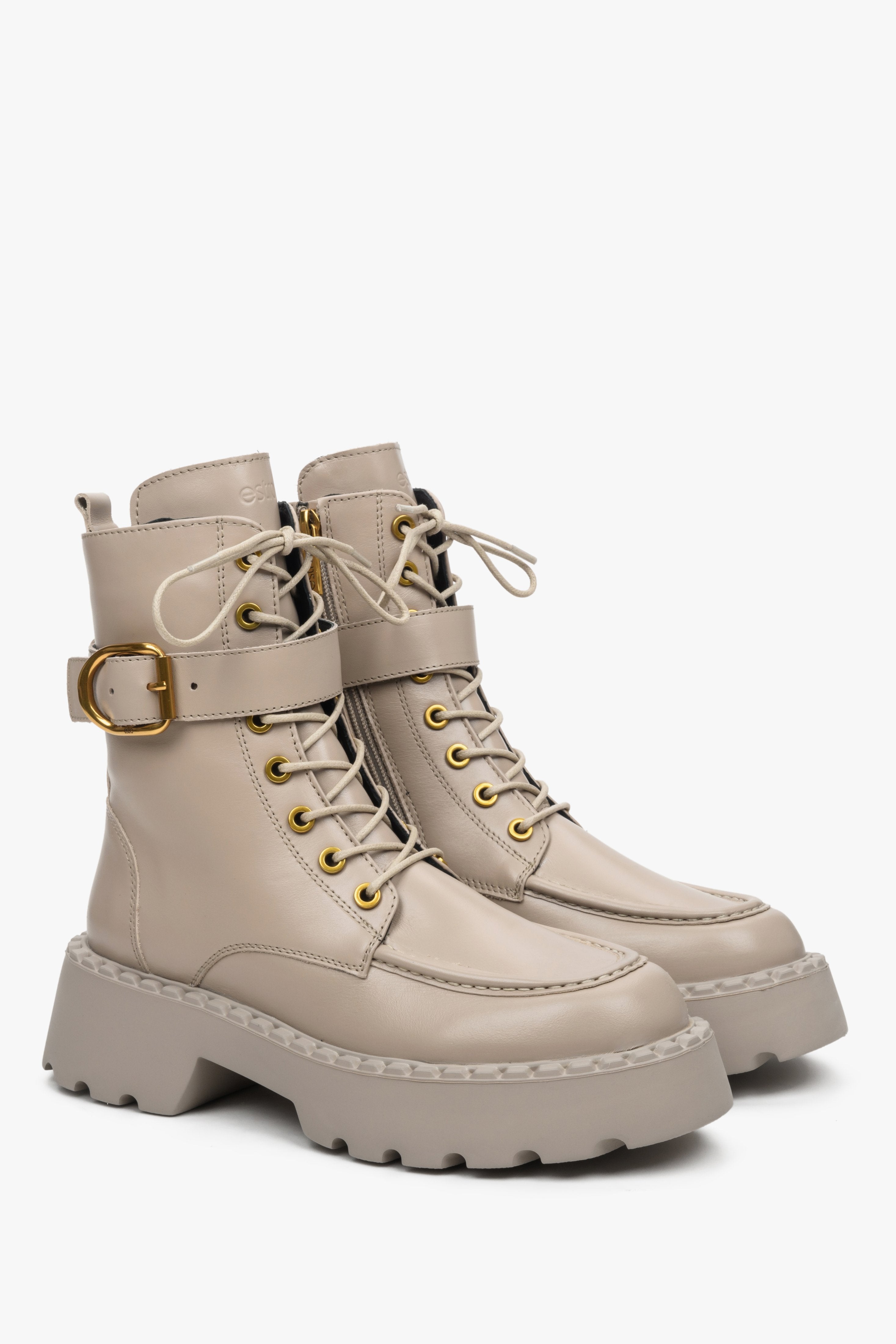 Women's high beige leather combat boots by Estro.