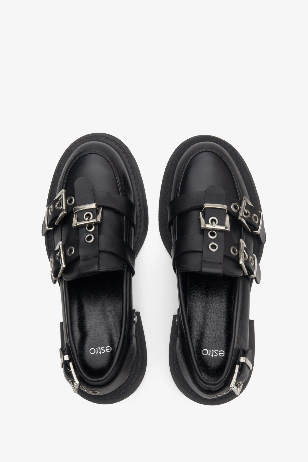 Women's black leather loafers with embellishments by Estro - top view presentation of the model.
