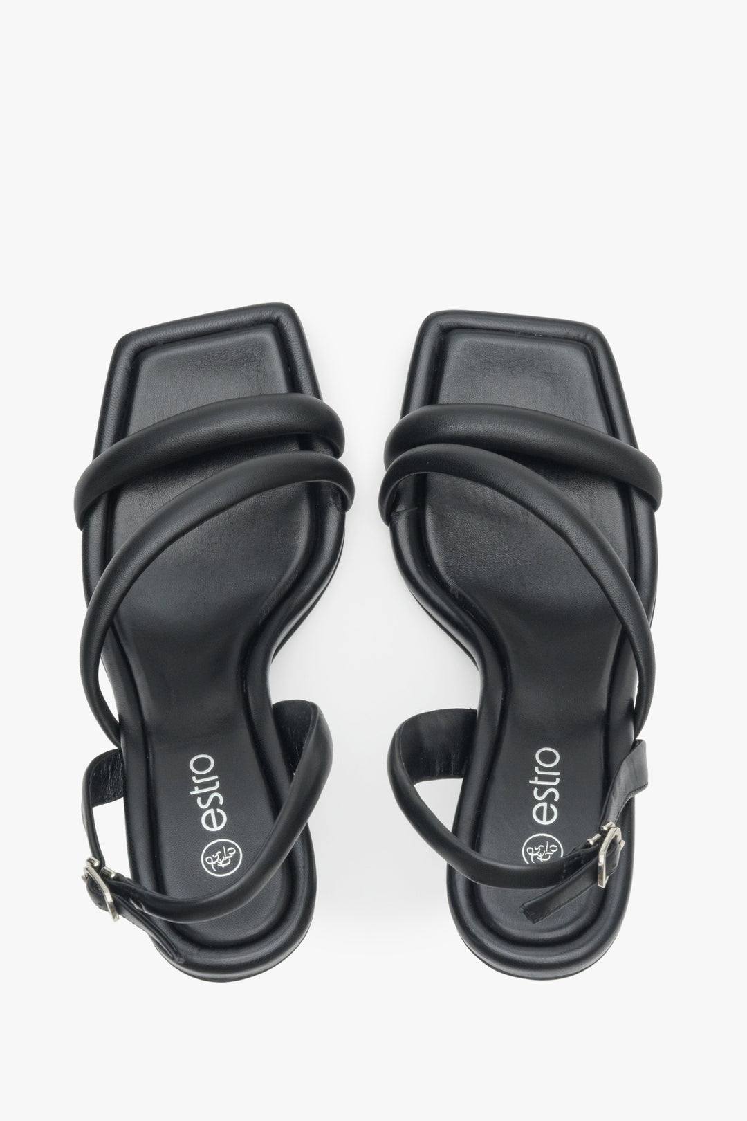 Women's soft-strap heeled sandals in black, Estro brand - presentation from above.