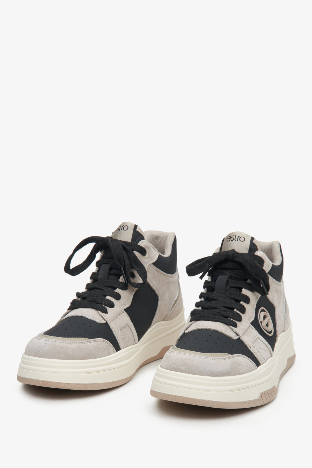 Women's grey-black high-top sneakers made of natural leather by Estro - front view of the model.