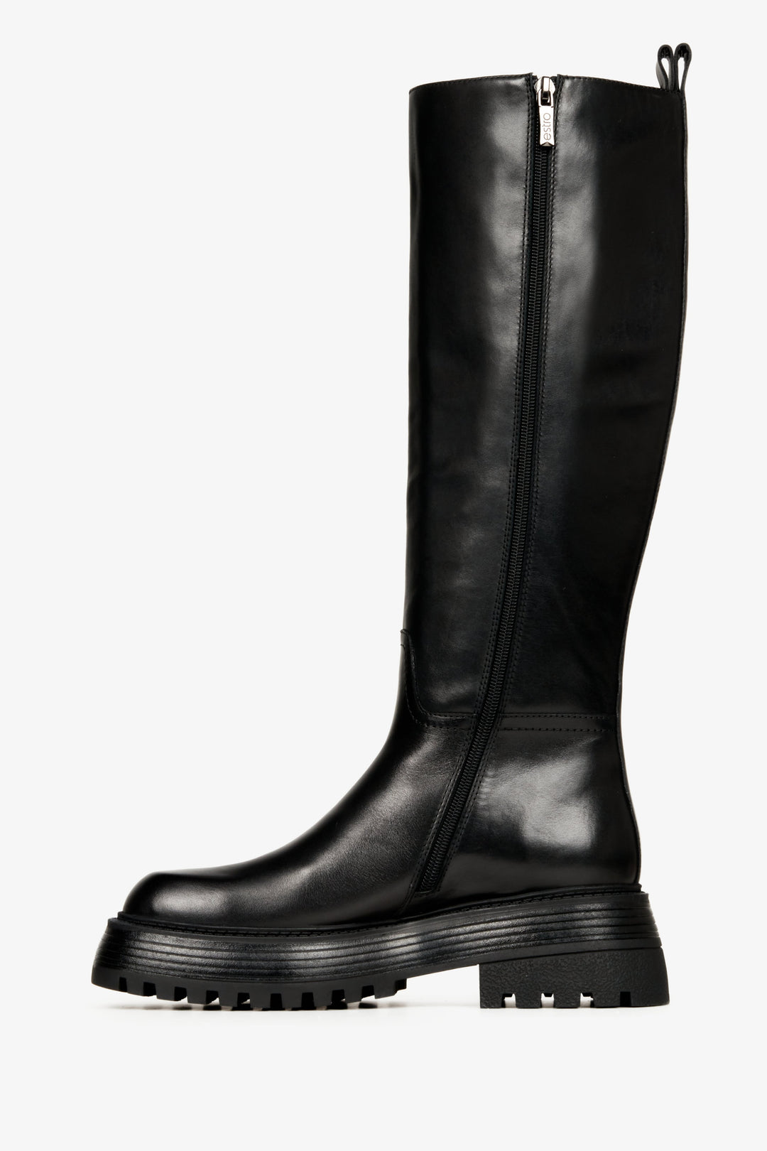 Women's tall, black spring boots made of genuine leather by Estro - shoe profile.