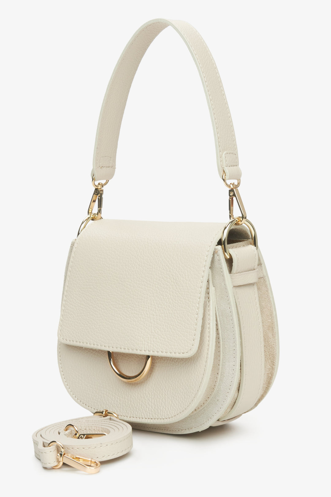 Handmade in Italy women's cream beige leather bag - presentation of the short and long strap.