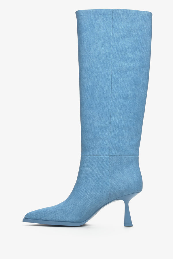 Blue high-heel women's boots with a cone heel by Estro - shoe profile.