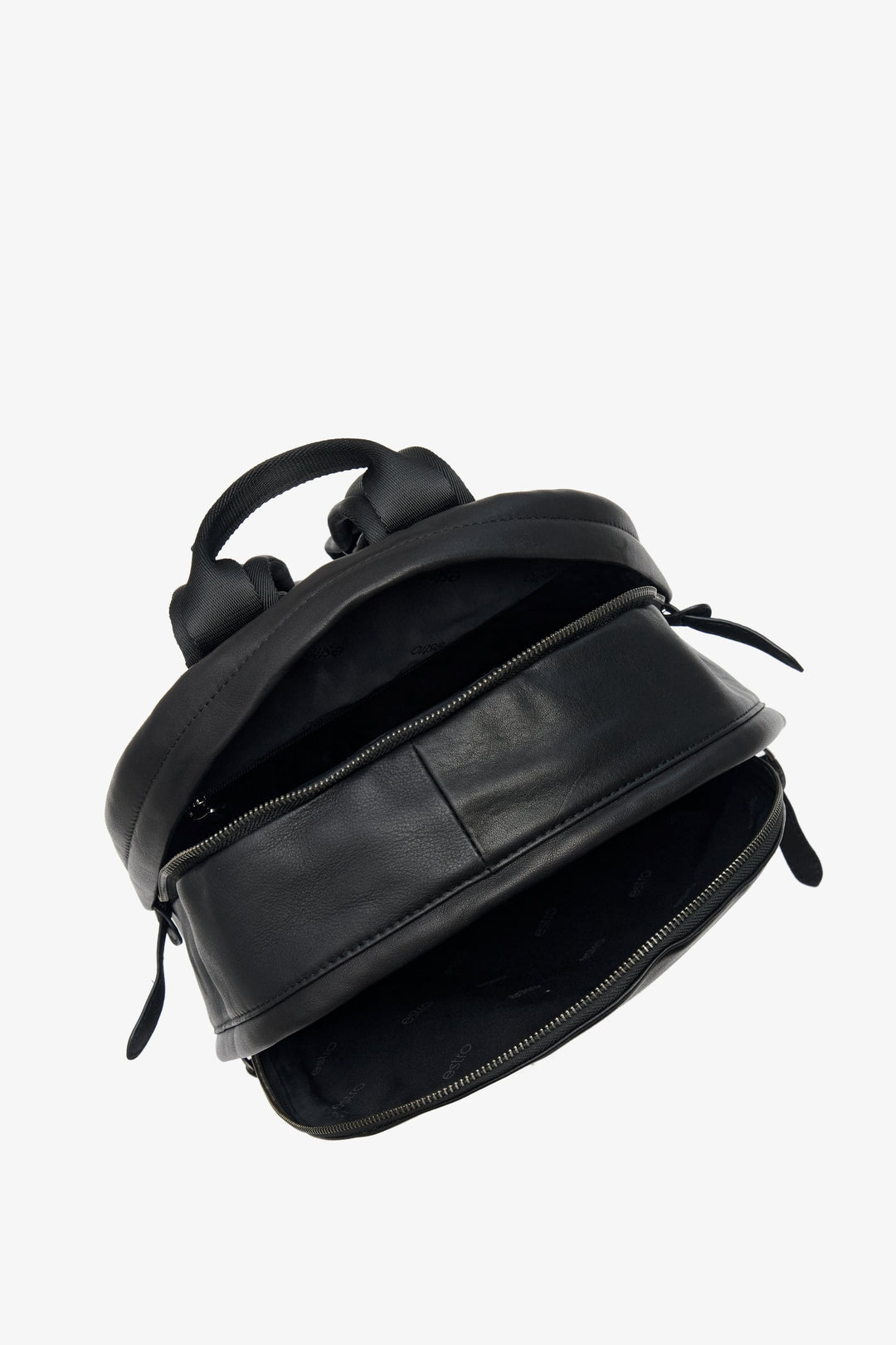 Men's black large backpack by Estro made of genuine leather - close-up on the interior design.