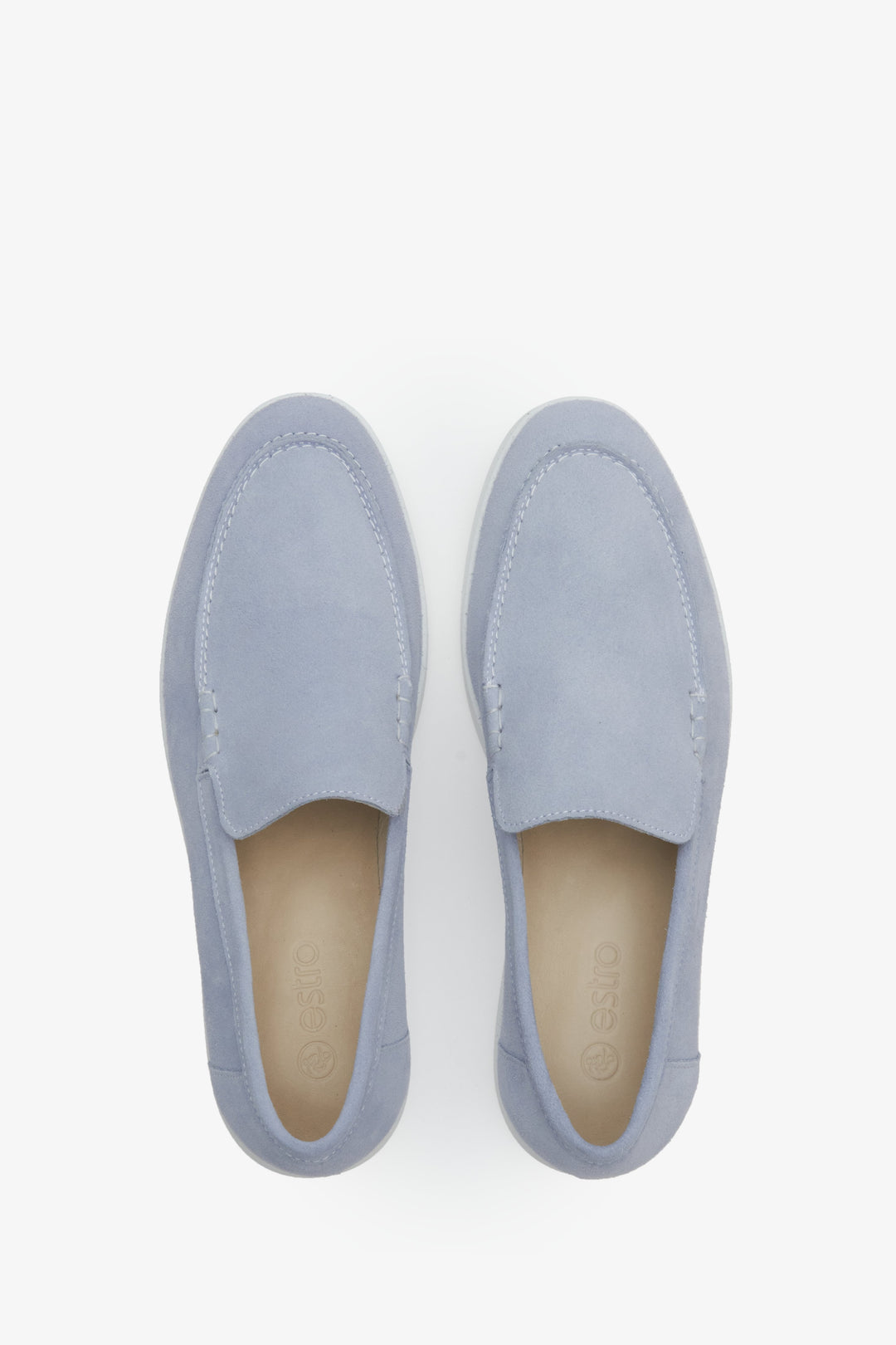 Women's suede moccasins in light blue Estro - presentation of footwear from above.