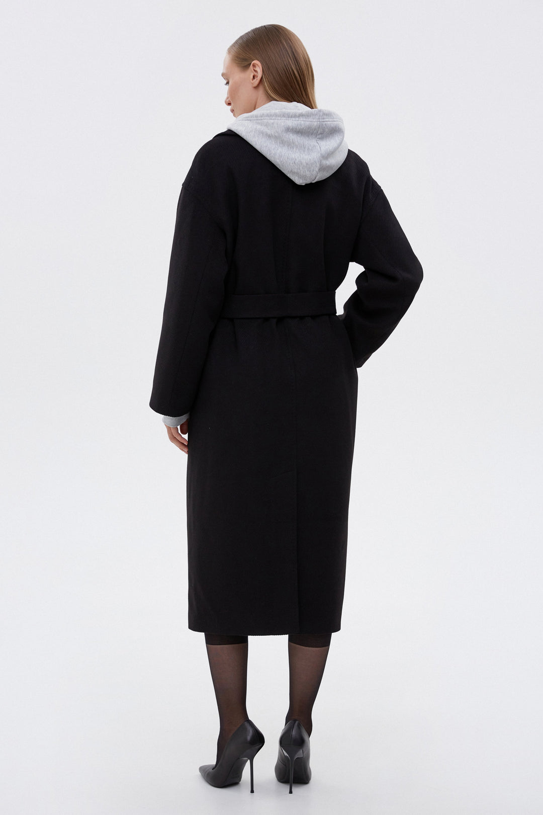 Women's black long coat - reverse.