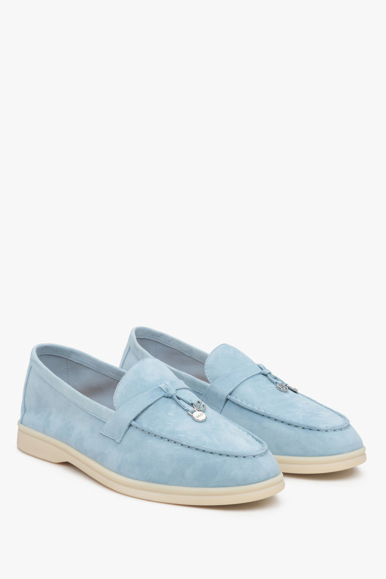 Light blue velour women's slip on loafers,