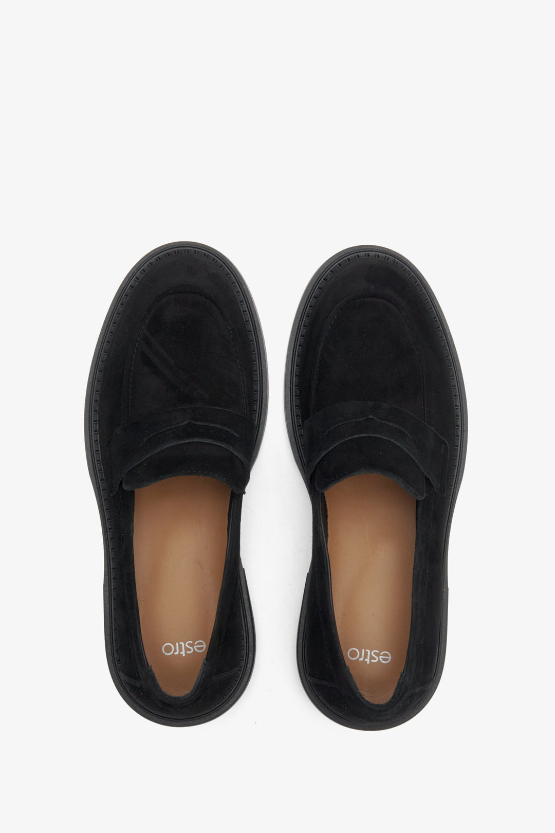 Black suede loafers for women Estro - presentation of the model from above.