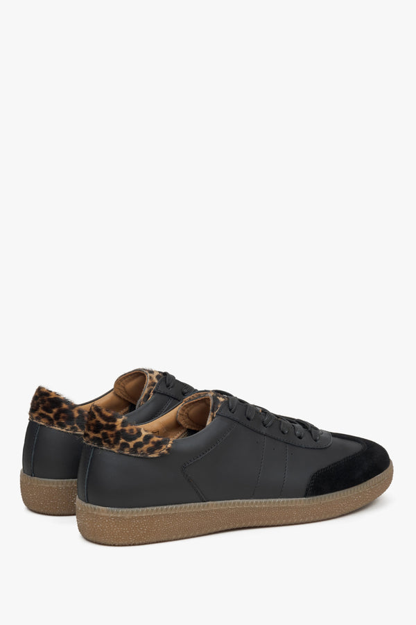 Estro women's black sneakers made of genuine  leather with an animal print pattern.