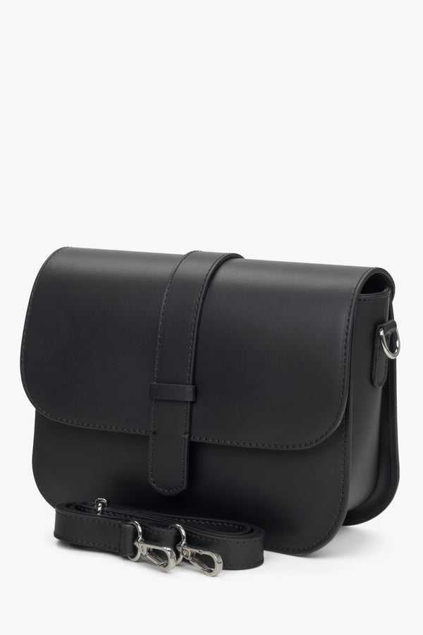 Women's black leather handbag by Estro with silver fittings.