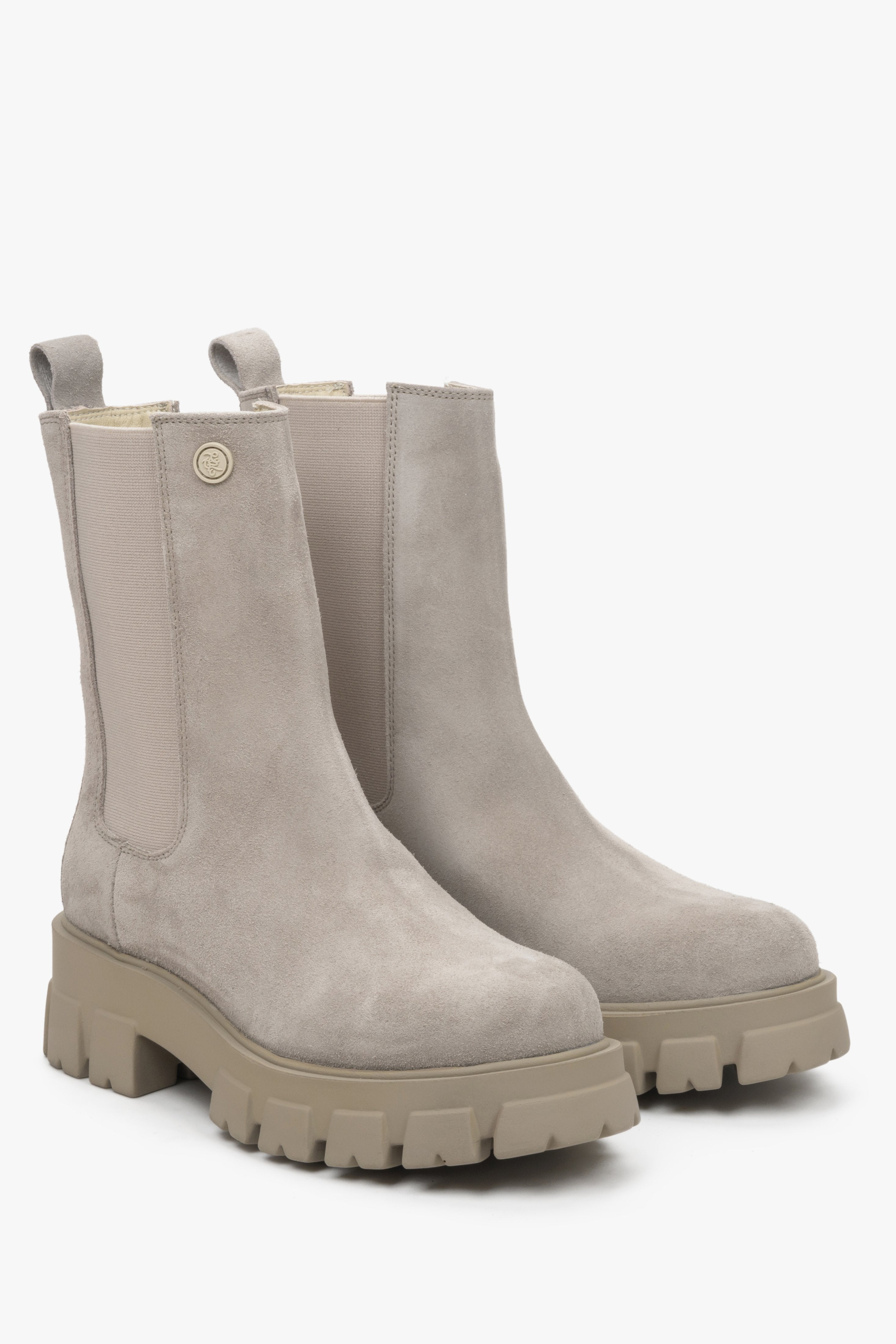 Grey velour women's ankle boots by Estro for fall - close-up of the shoe's toe and side profile.