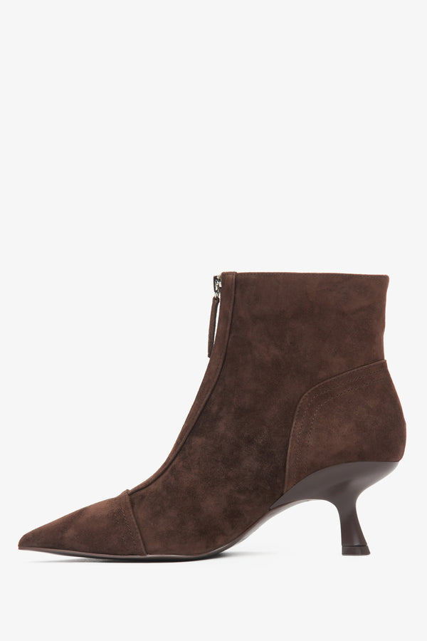 Dark brown ankle boots made of natural velour for women with a low stiletto heel by Estro.