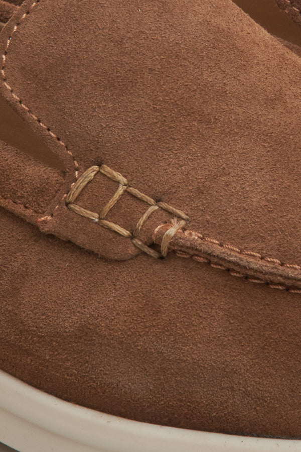 Women's loafers in brown velour - close-up on details.
