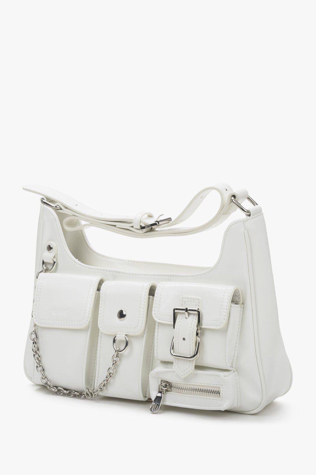 Women's white leather Estro shoulder bag with pockets.