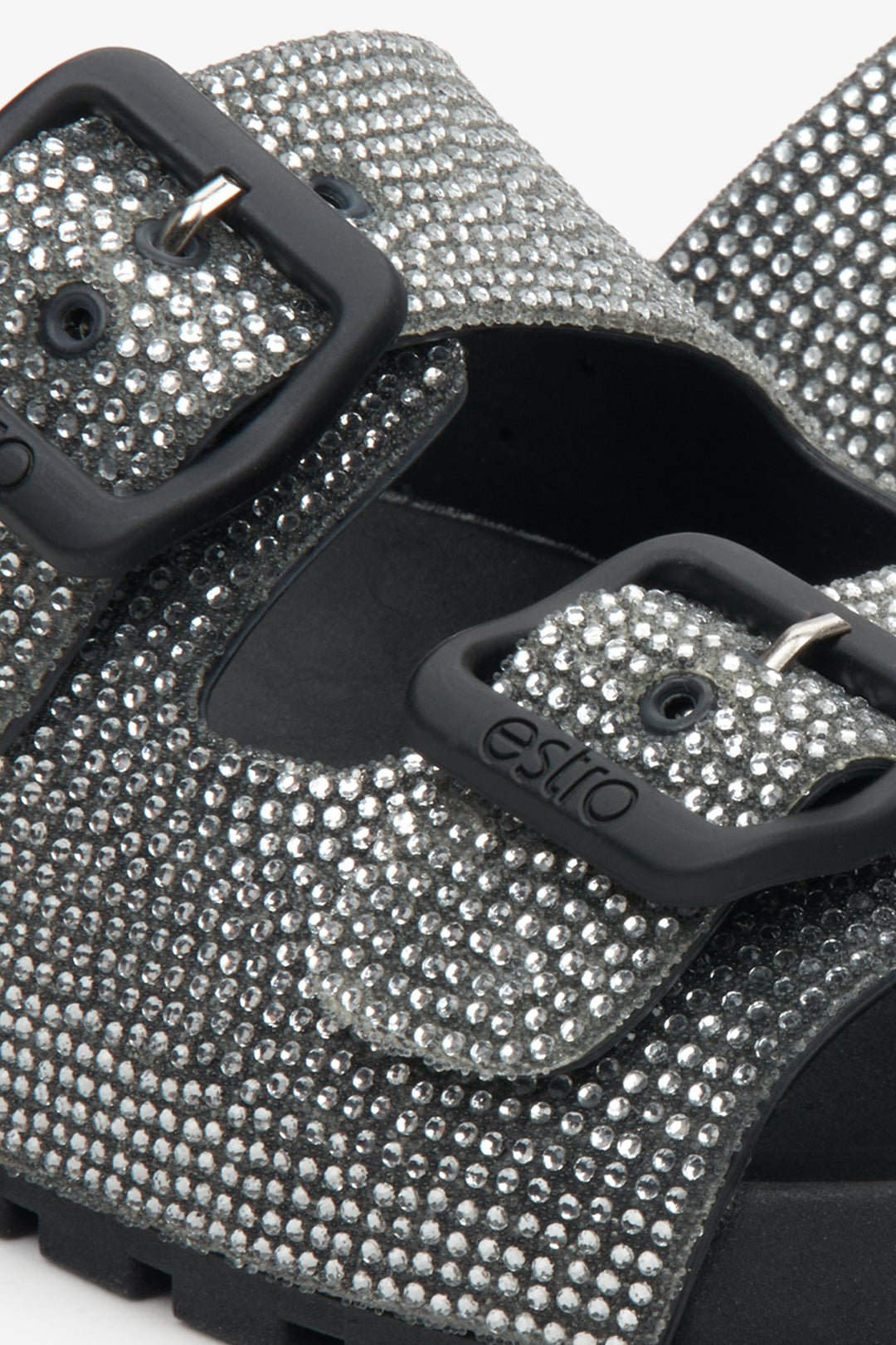 Women's black Estro flip-flops with rhinestones - close-up on details.