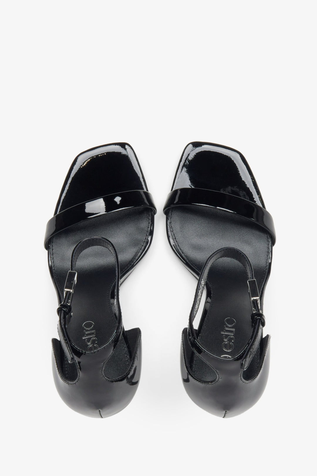 Black women's sandals made of patent natural leather with a high heel by Estro.