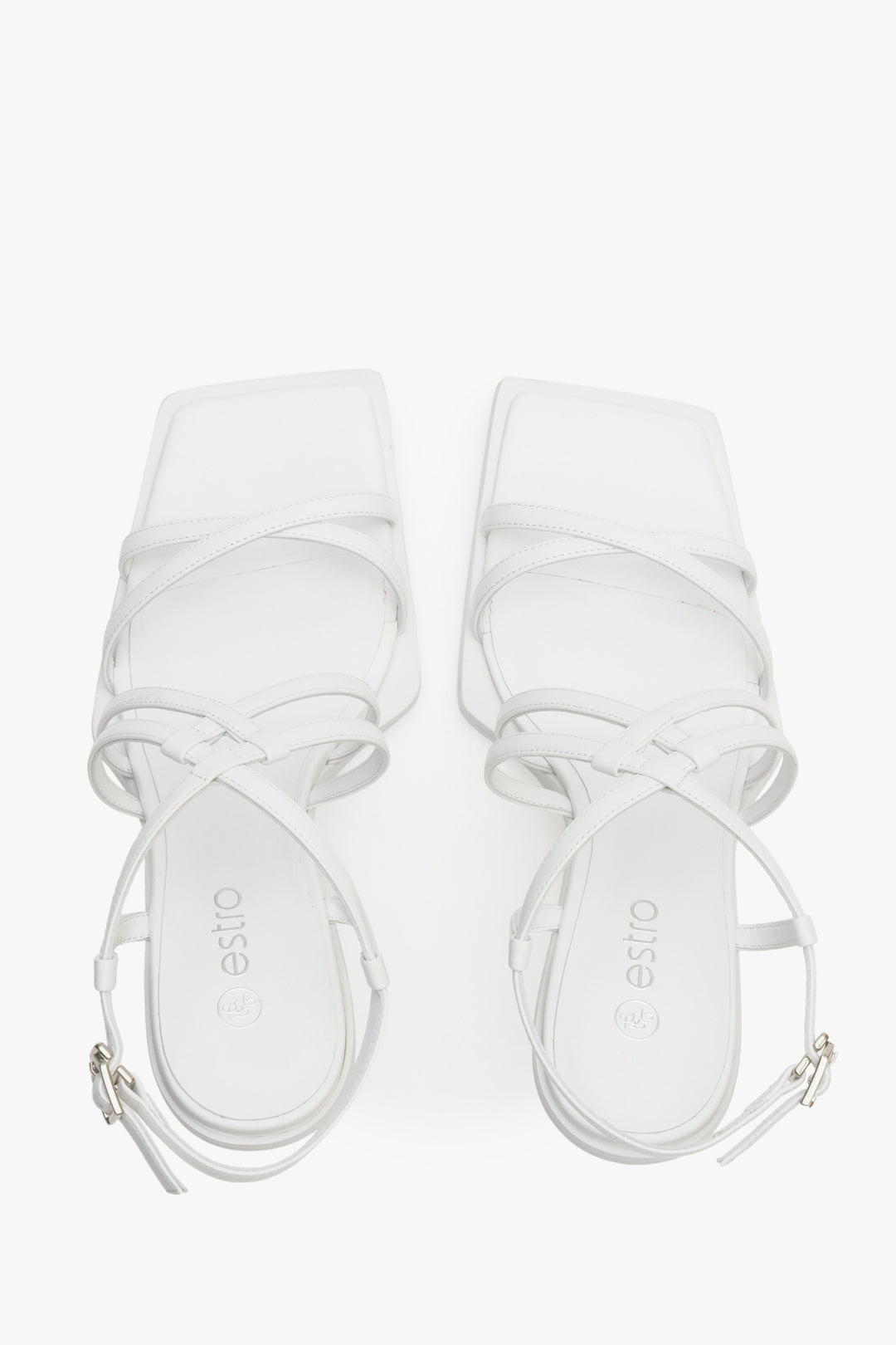 White leather strappy sandals with square toe - presentation from above.