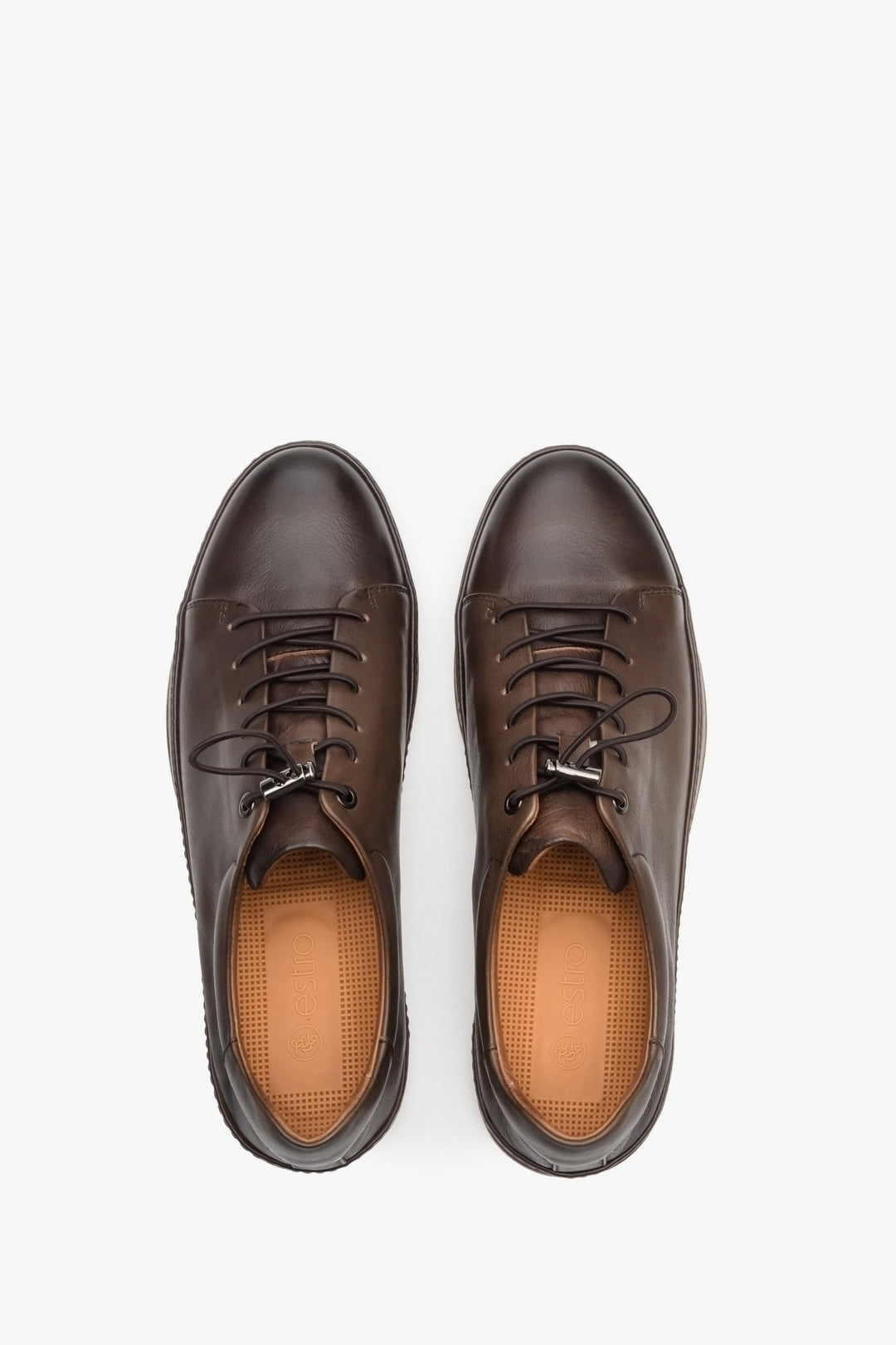 Men's brown sneakers made of genuine leather - top view model presentation.