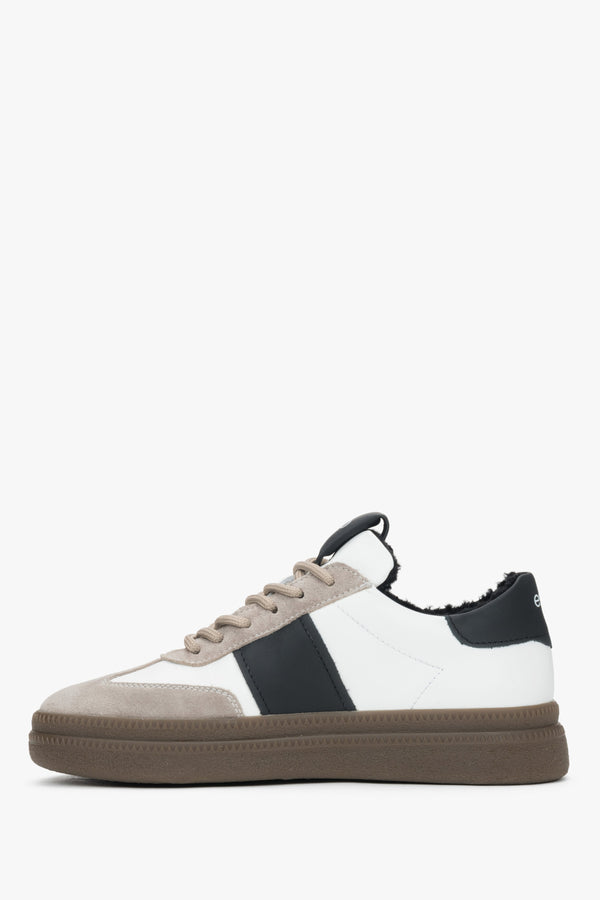 Women's leather-textile sneakers in white and grey with fur lining by Estro - side profile.