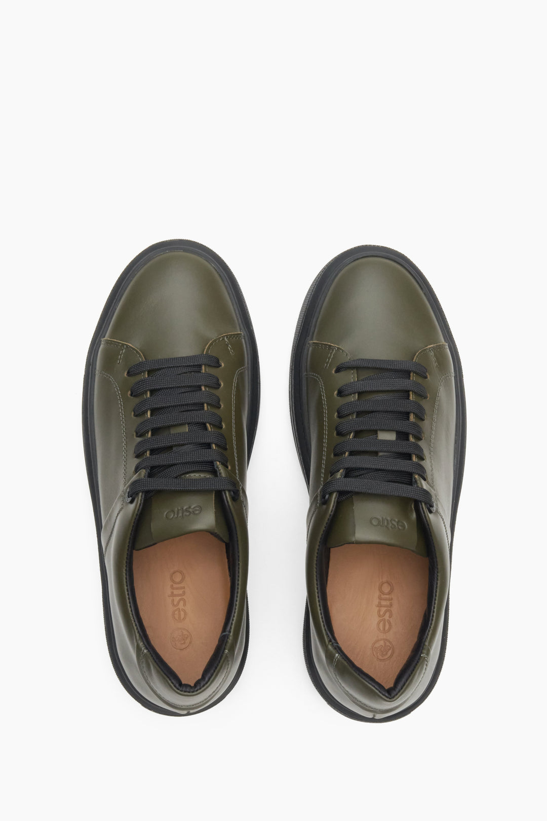Men's khaki Estro sneakers in genuine leather with laces - top view presentation of the model.