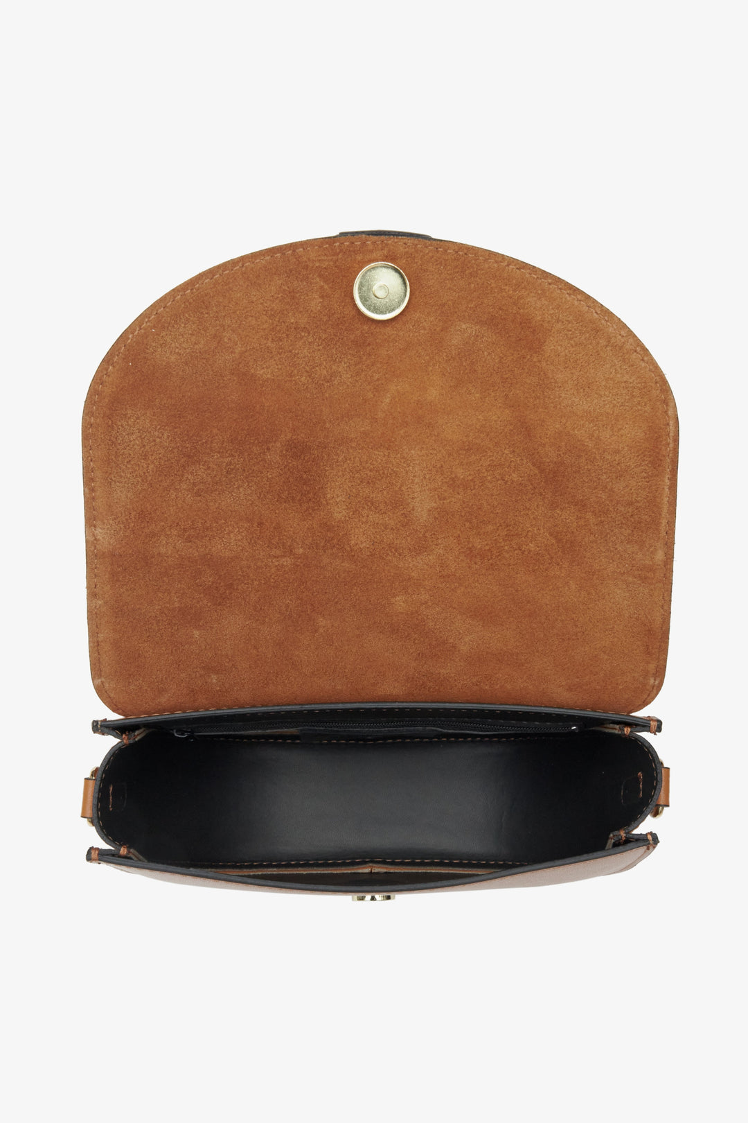 Estro women's brown handbag made from genuine leather in the shape of a horseshoe - close-up of the bag's interior.