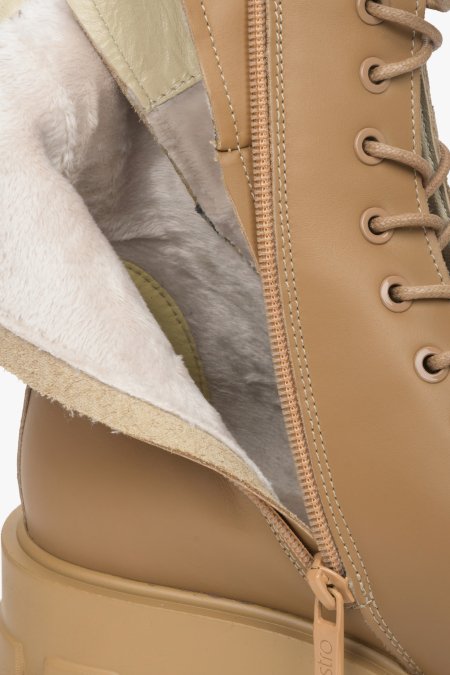 Tall brown leather women's boots - view of the boot's lining.