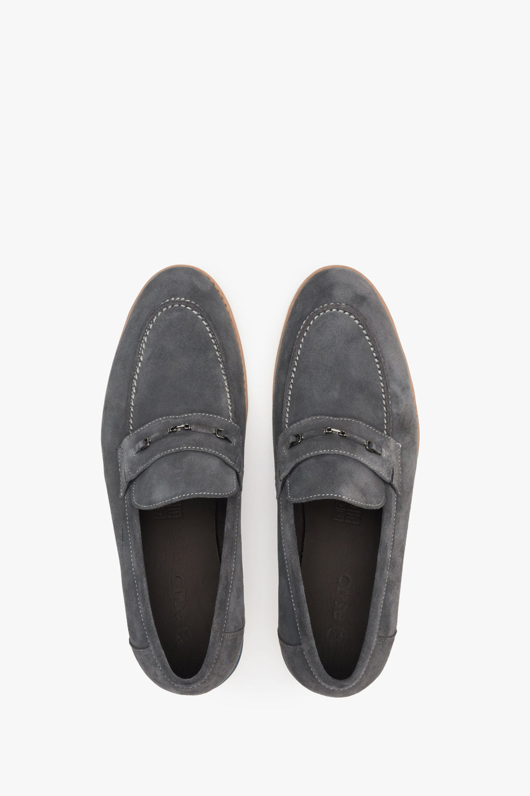 Grey velour men's loafers by Estro - top view model presentation.