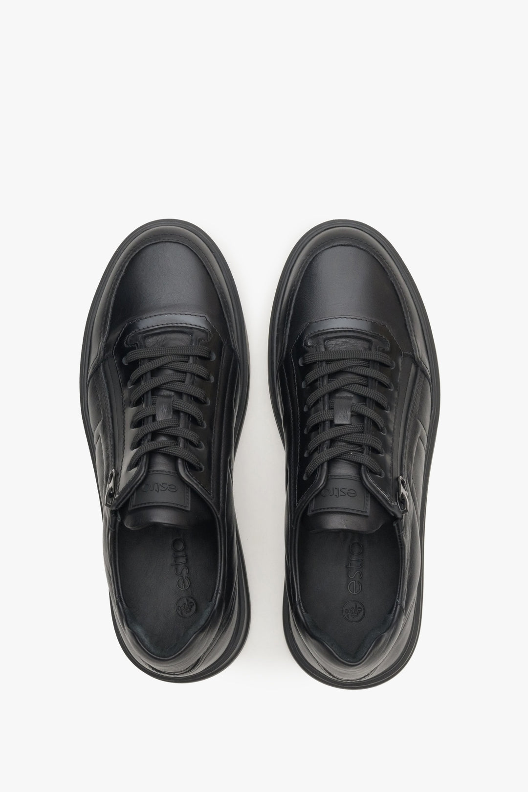 Men's black leather sneakers by Estro - top view presentation of the model.