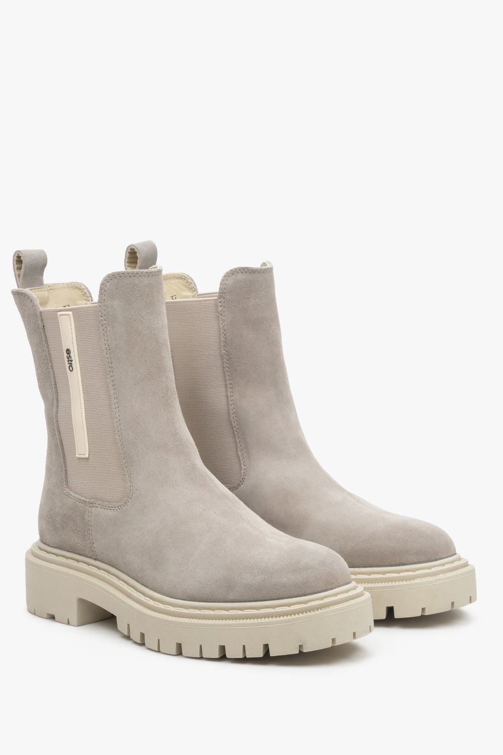 Women's suede chelsea boot in grey, chunky sole.