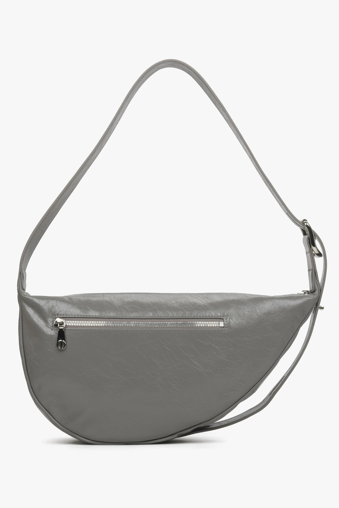 Women's grey leather Estro shoulder bag - back view of the model.