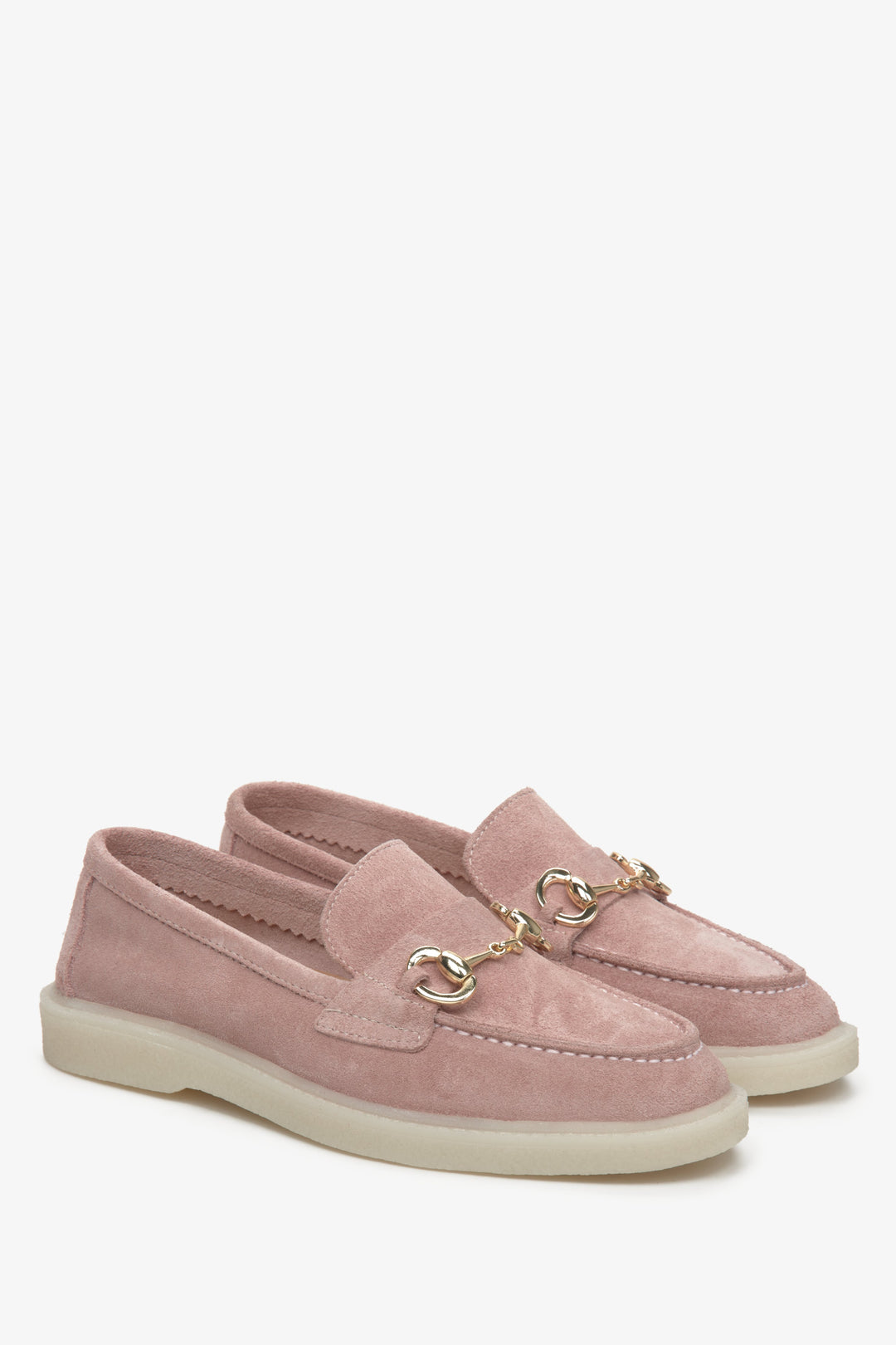 Women's Light Pink Velour Loafers with Gold Buckle Estro ER00113258