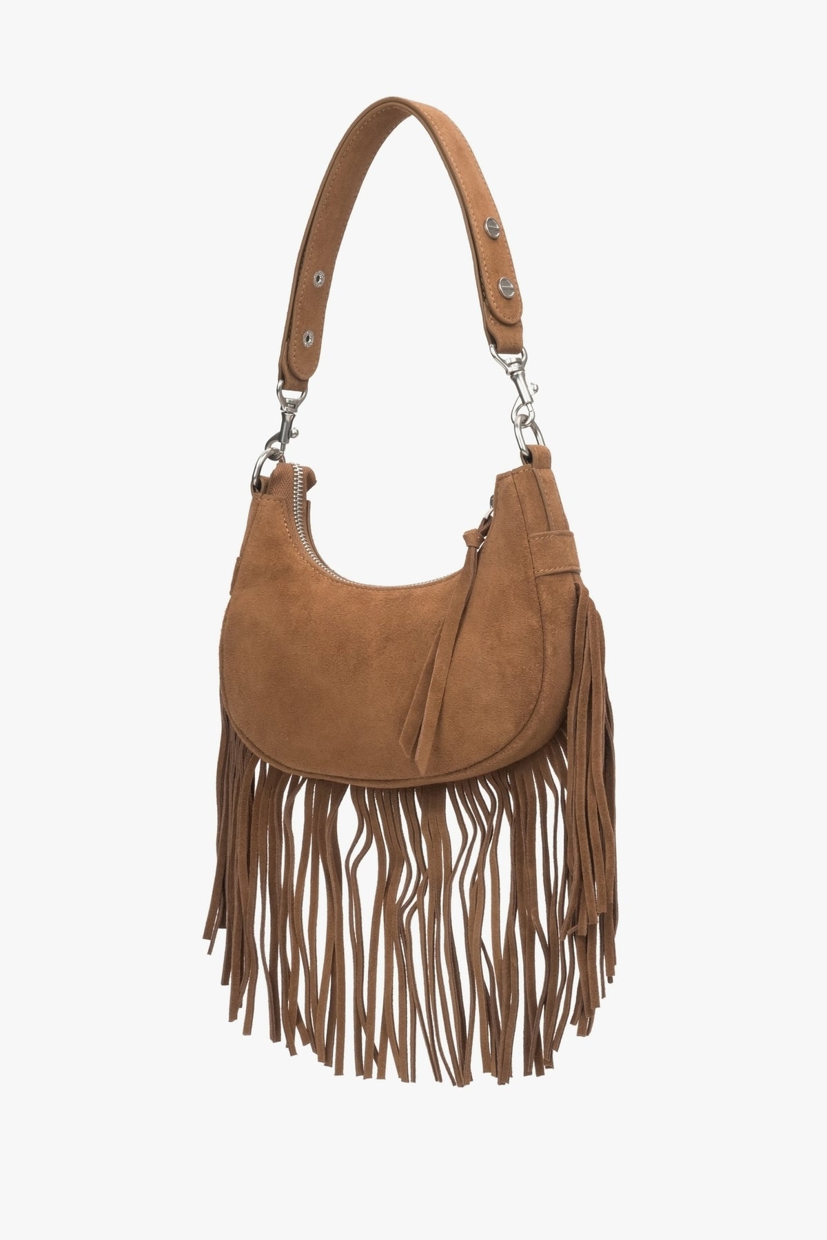 Handbag made of genuine velour in brown with fringes.