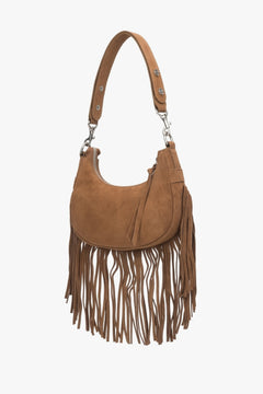 Handbag made of genuine velour in brown with fringes.