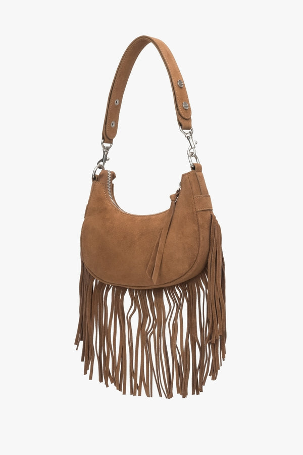 Handbag made of genuine velour in brown with fringes.