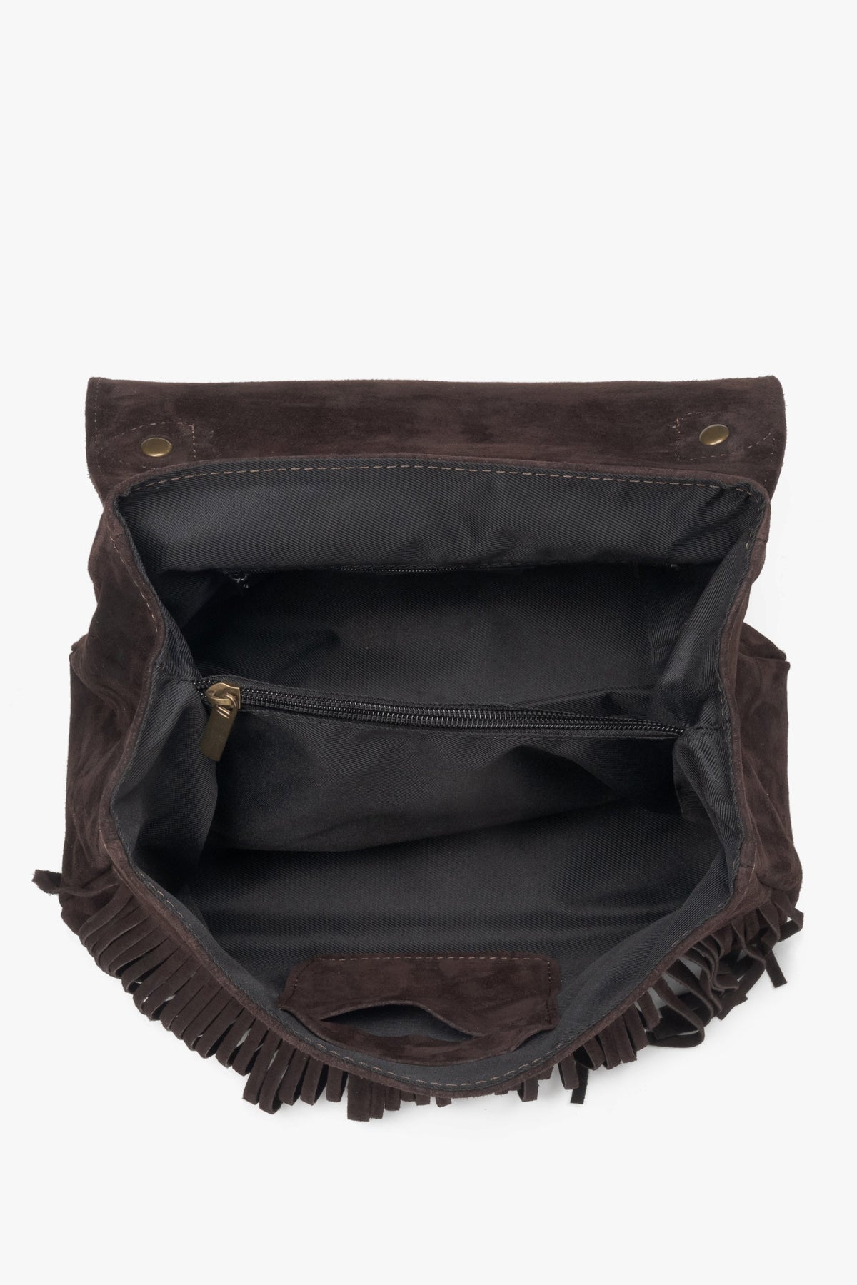 Dark brown handbag made of italian velour with decorative fringes.