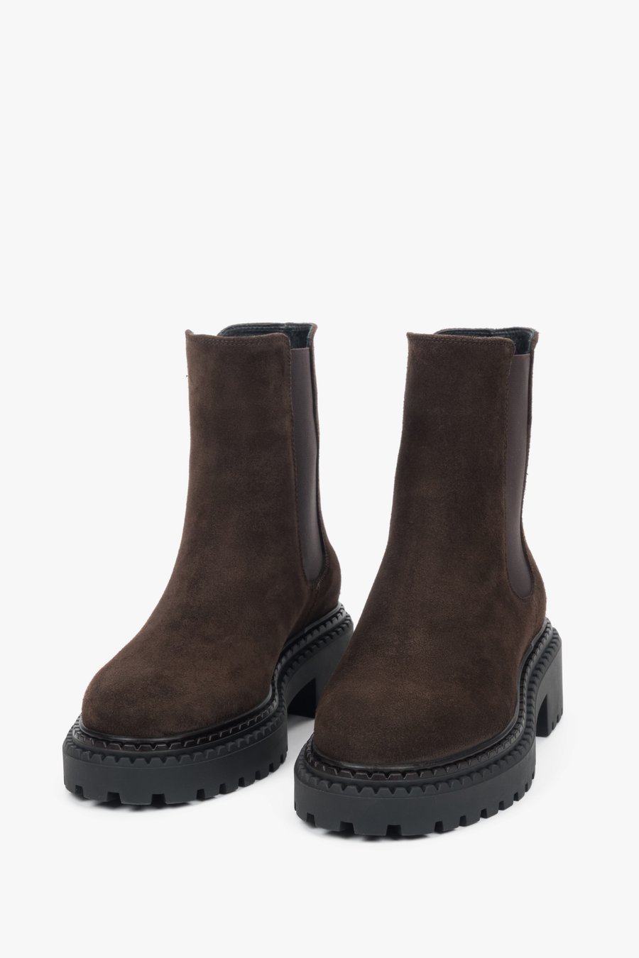 Platform Chelsea boots for women in genuine Italian velour, saddle brown, Estro ER00118128