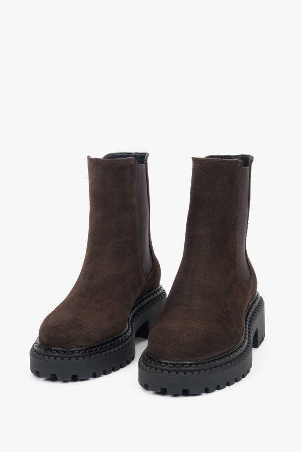 Platform Chelsea boots for women in genuine Italian velour, saddle brown, Estro ER00118128
