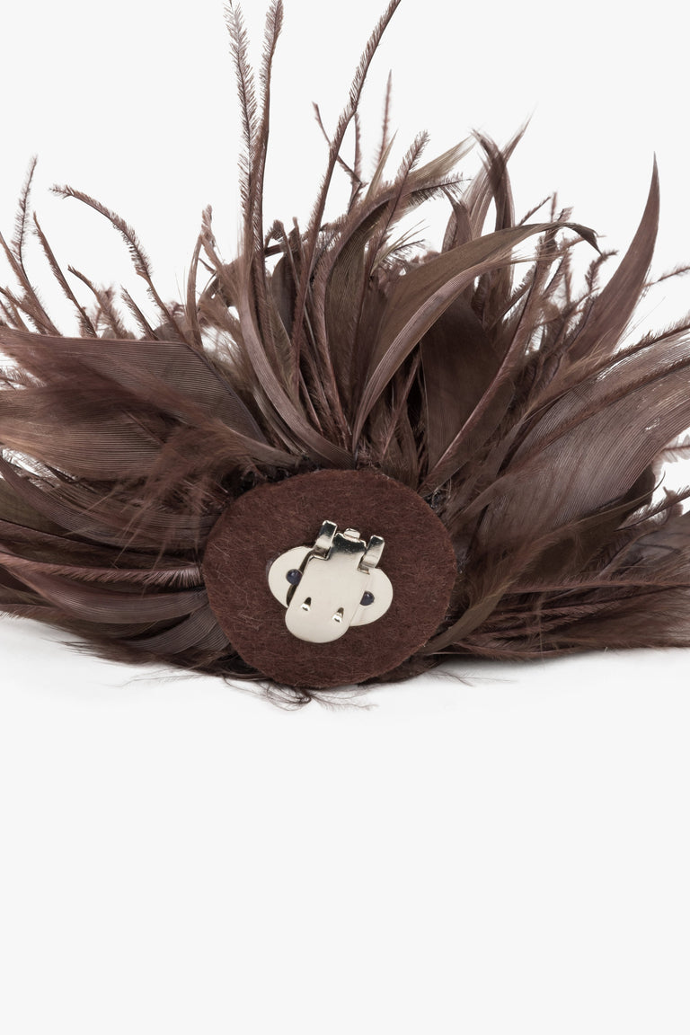 Detail view of detachable brown feather trim for women's high heel sandals by Estro
