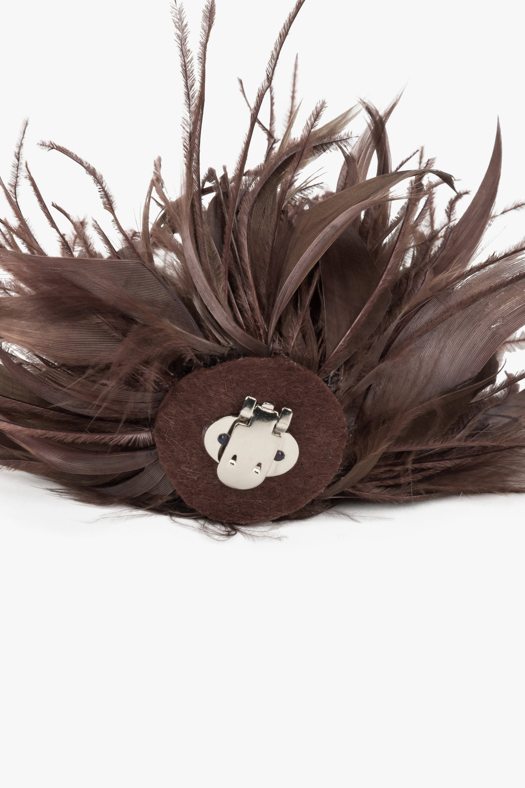 Detail view of detachable brown feather trim for women's high heel sandals by Estro