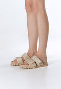 Stylish ligth beige women's slides by Estro, made from high-quality genuine velour and featuring soft, delicate straps - on-foot presentation.
