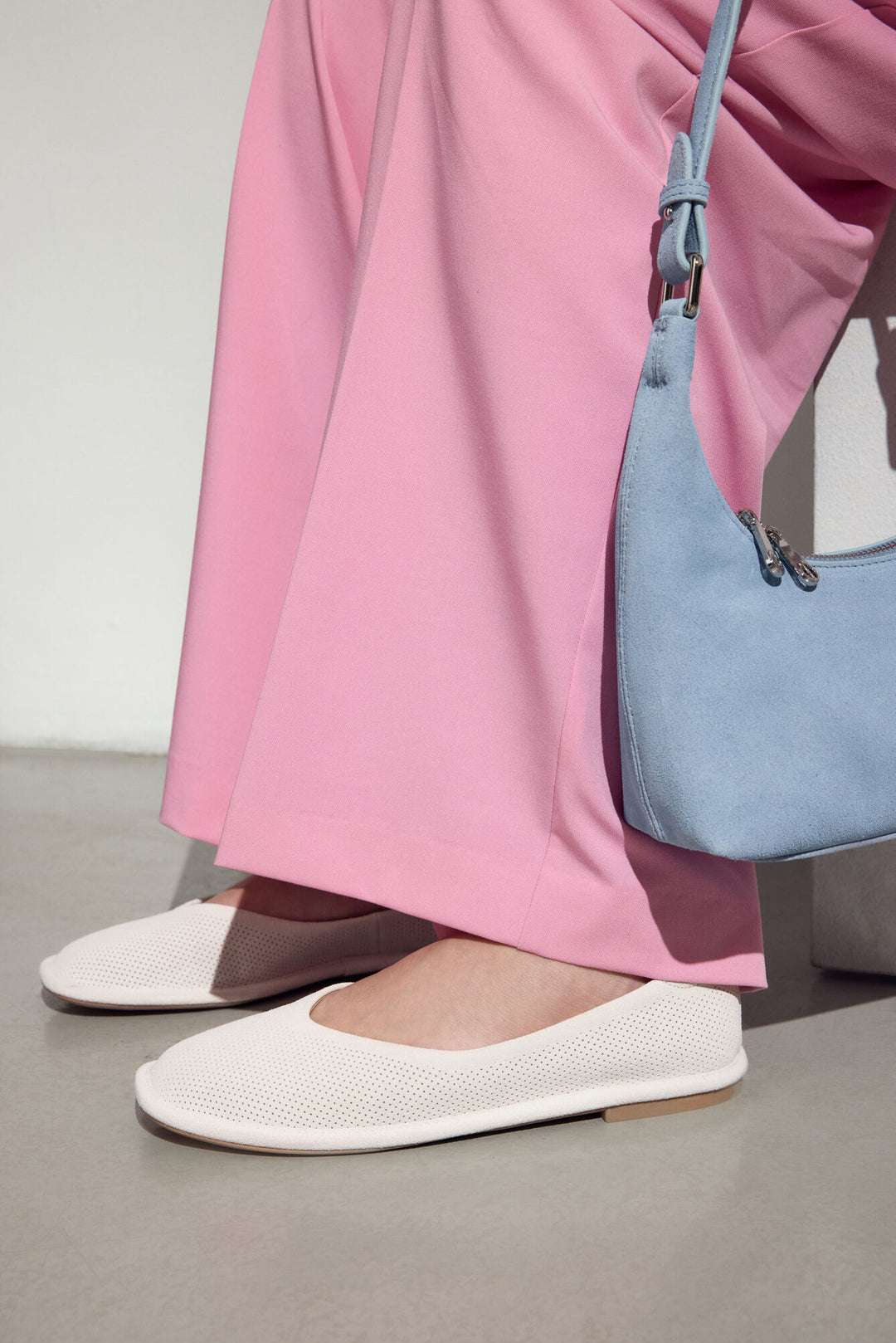 Women's White Ballet Flats made of Soft Perforated Genuine Velour.