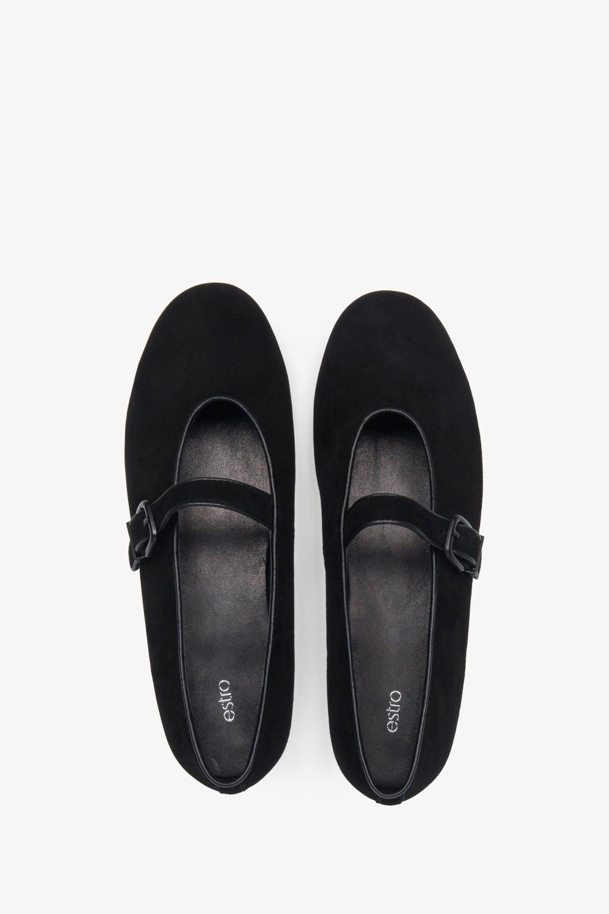 Comfortable black Estro women's ballet flats made of genuine velour, distinguished by their softness and decorative buckle.