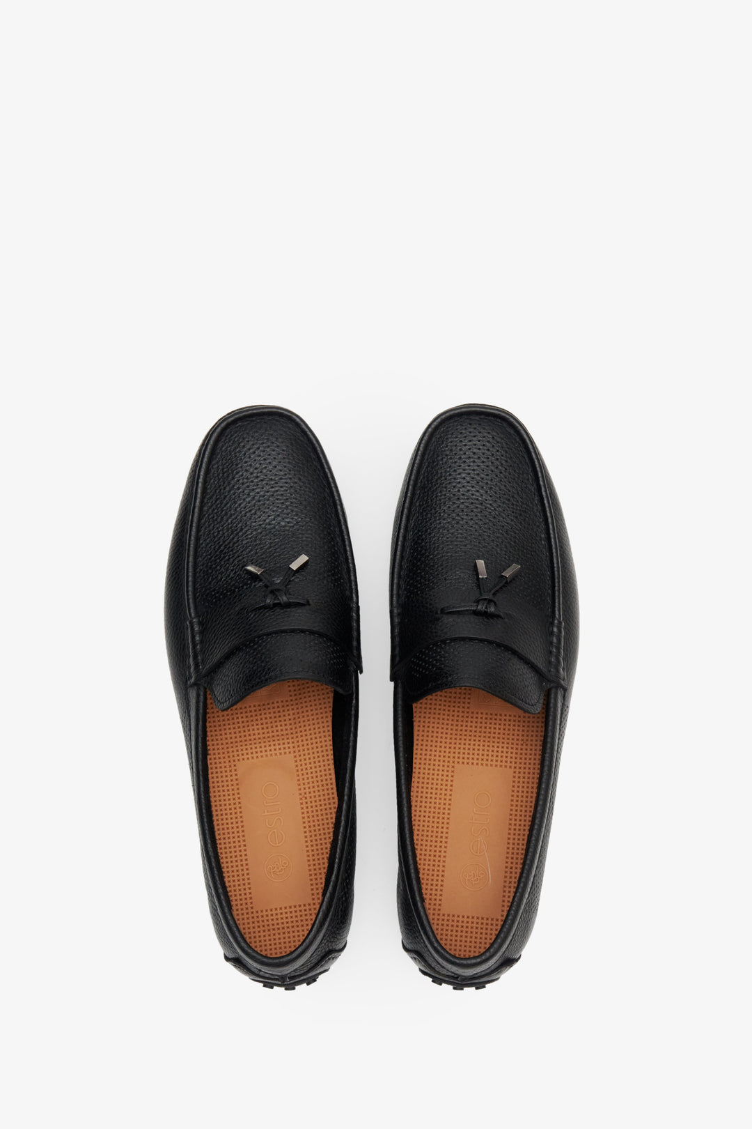Men's black leather loafers by Estro - top view shoe presentation.