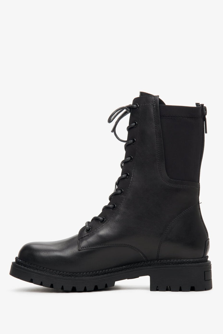 Black leather lace-up women's ankle boots by Estro - side view of the shoe.