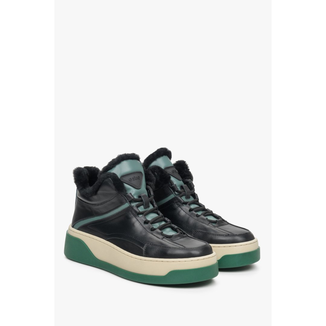 Tall winter sneakers made of genuine leather in black-green colour.