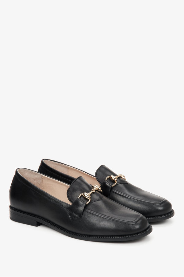 Women's Black Italian Leather Penny Loafers with Gold Buckle for