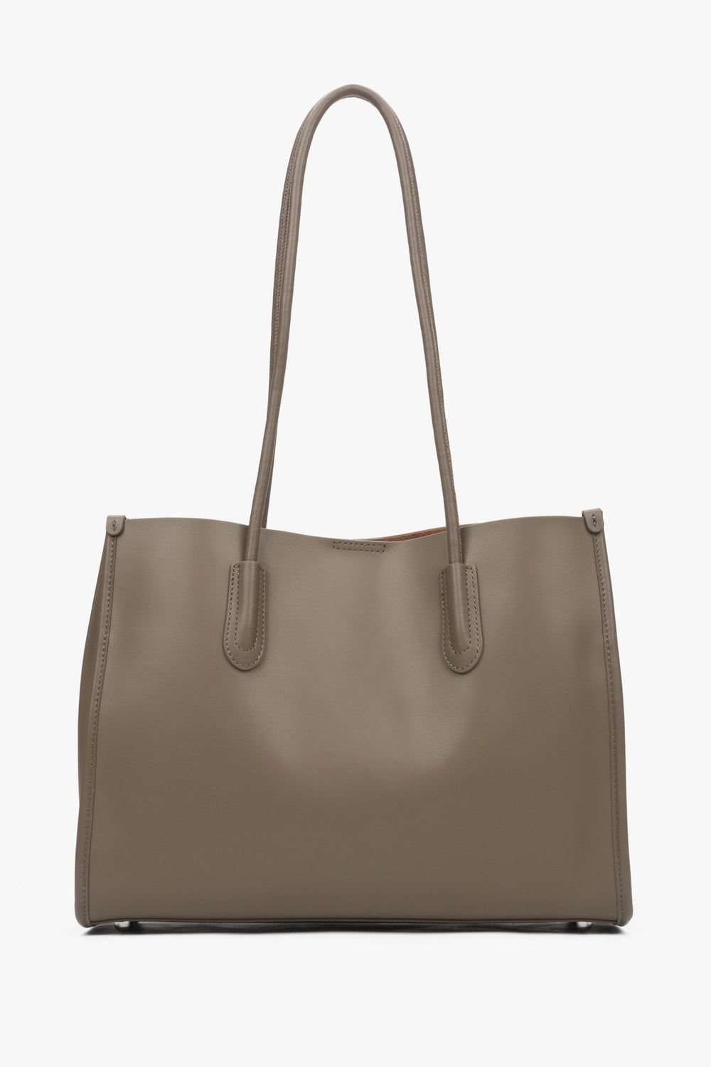 Women's Dark Beige Leather Shopper Bag with Long Handles Estro ER00116875.