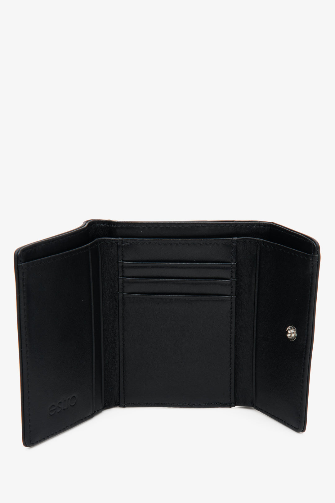 Women's tri-fold wallet made of genuine leather in black color - interior view of the model.