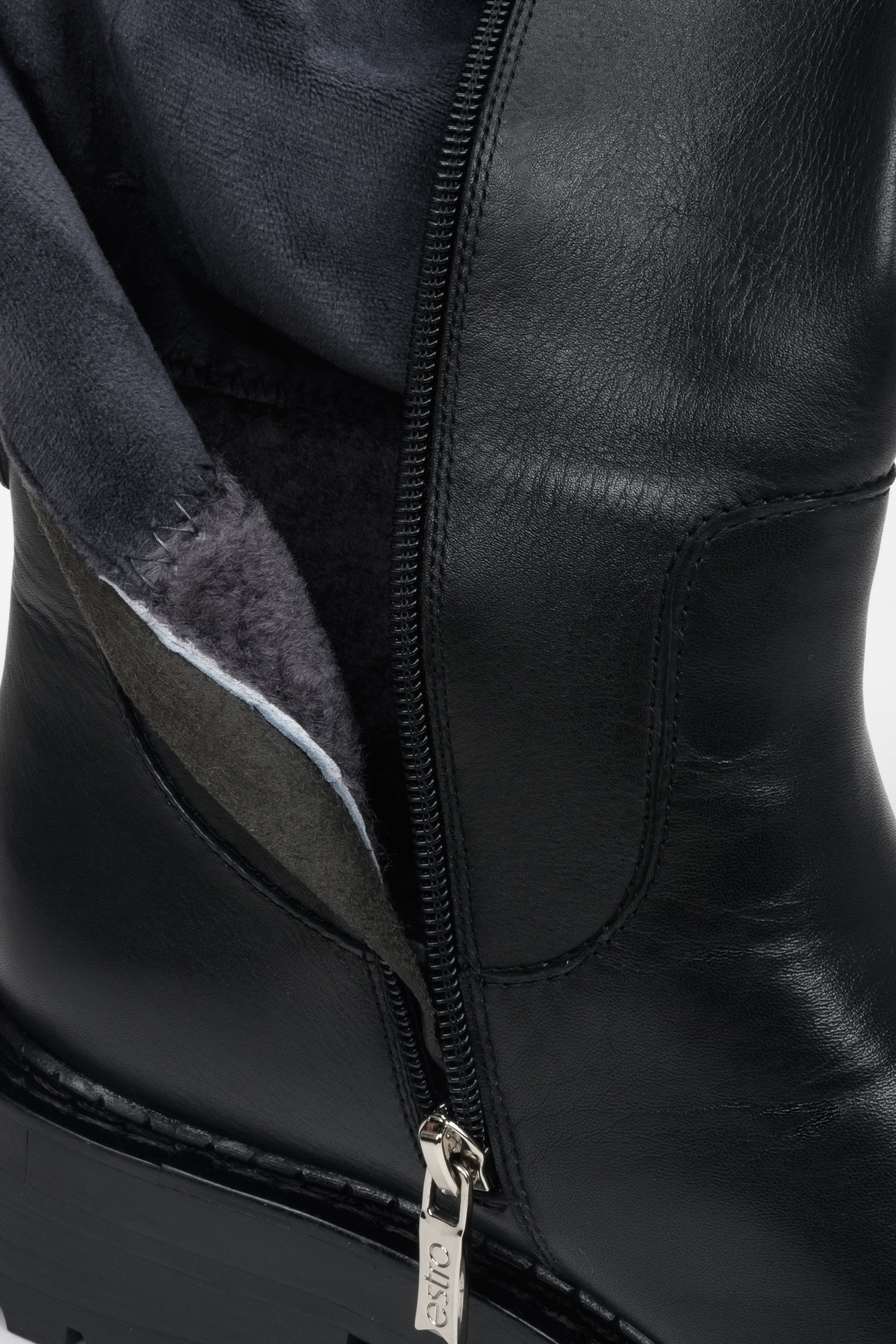 Women's black leather winter boots in black by Estro - close-up on the interior of the model.